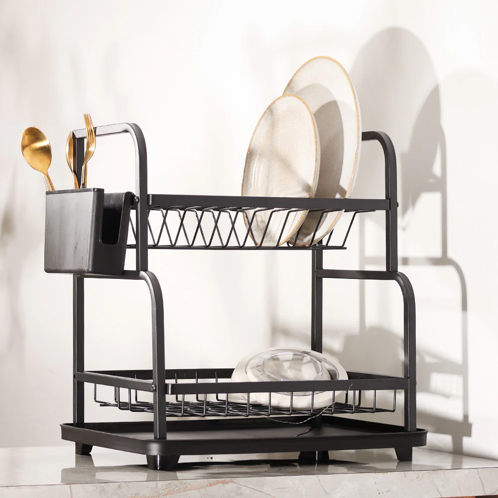 2-Tier Dish Rack with Cutlery Holder & Drainer - Black - Image 2