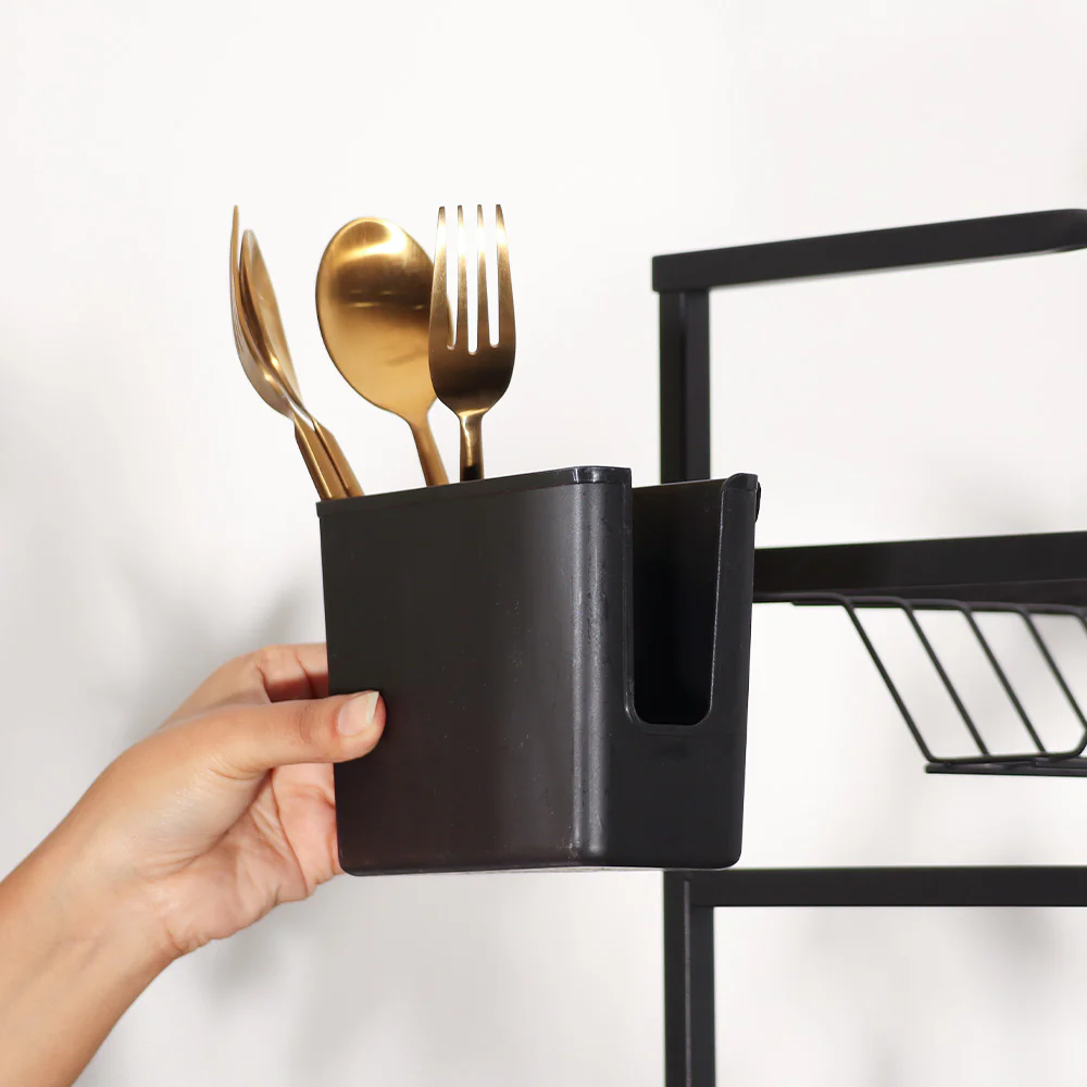 2-Tier Dish Rack with Cutlery Holder & Drainer - Black - Image 5