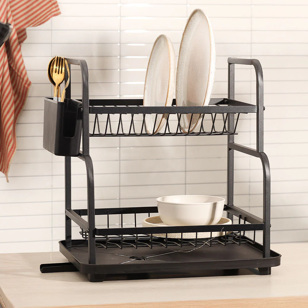 2-Tier Dish Rack with Cutlery Holder & Drainer - Black - Image 6