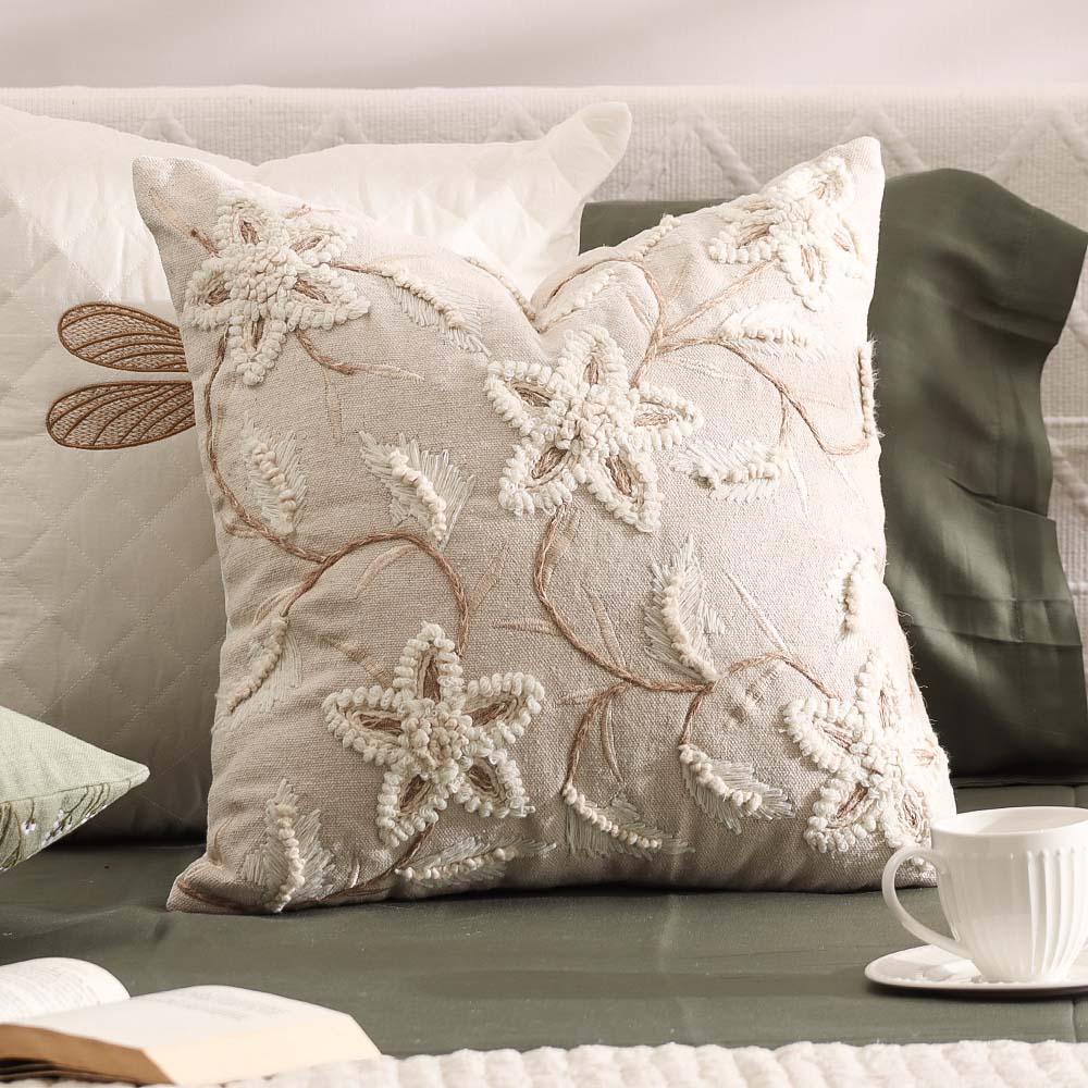 Anemone Embroidered Cushion Cover 45x45cm - Cream Beige - Image 2