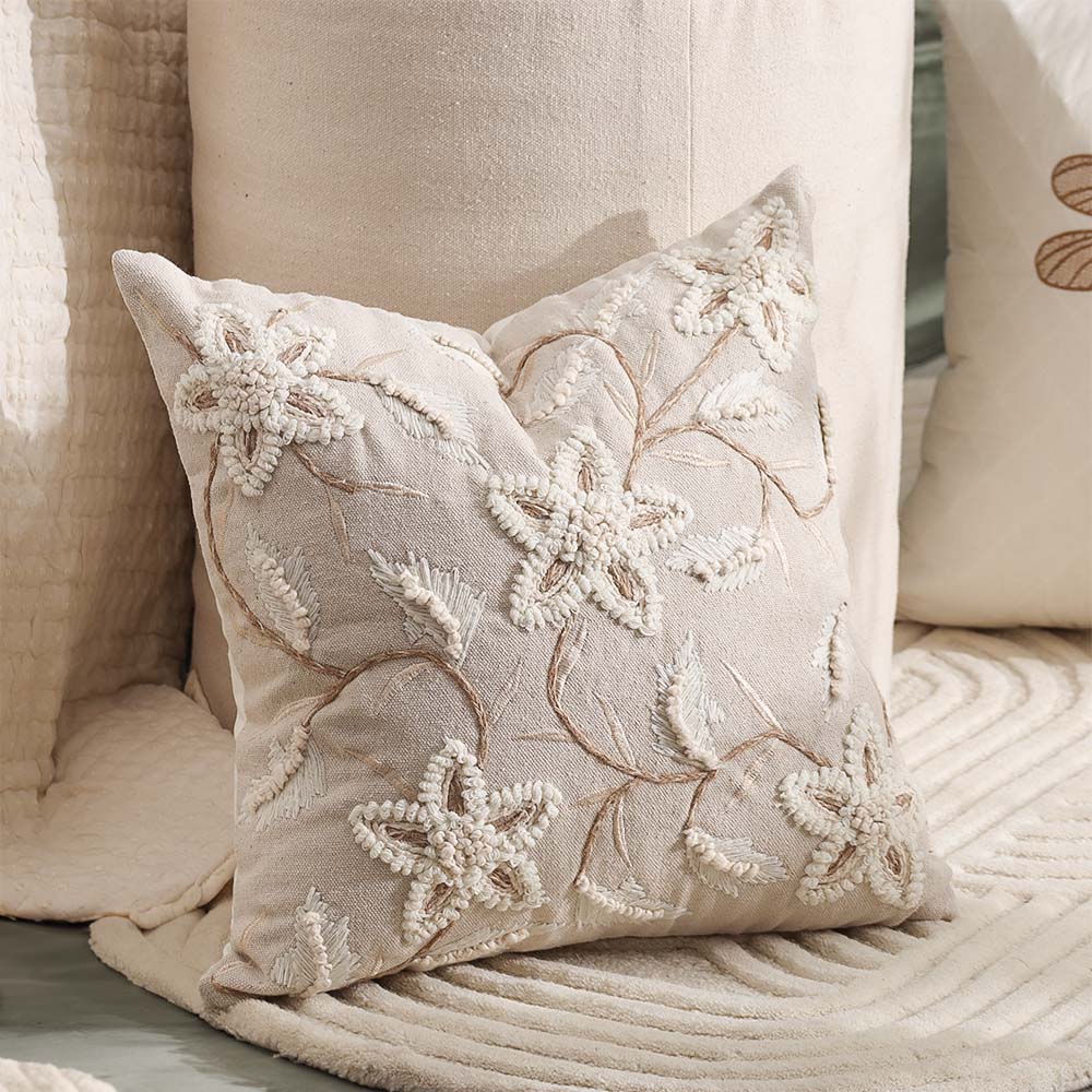 Anemone Embroidered Cushion Cover 45x45cm - Cream Beige - Image 3