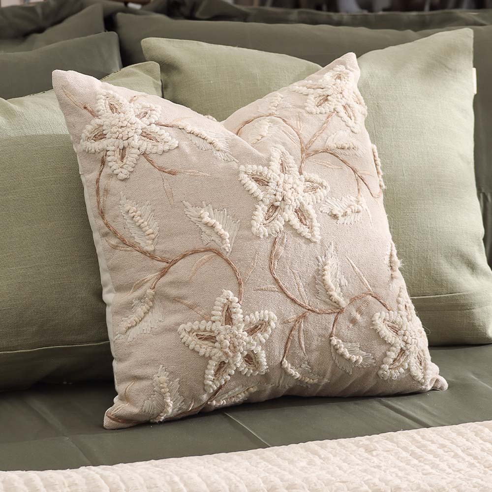 Anemone Embroidered Cushion Cover 45x45cm - Cream Beige - Image 4