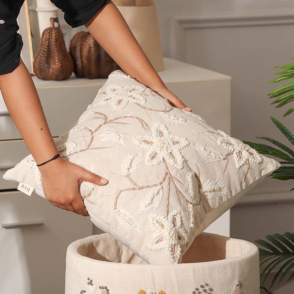 Anemone Embroidered Cushion Cover 45x45cm - Cream Beige - Image 5