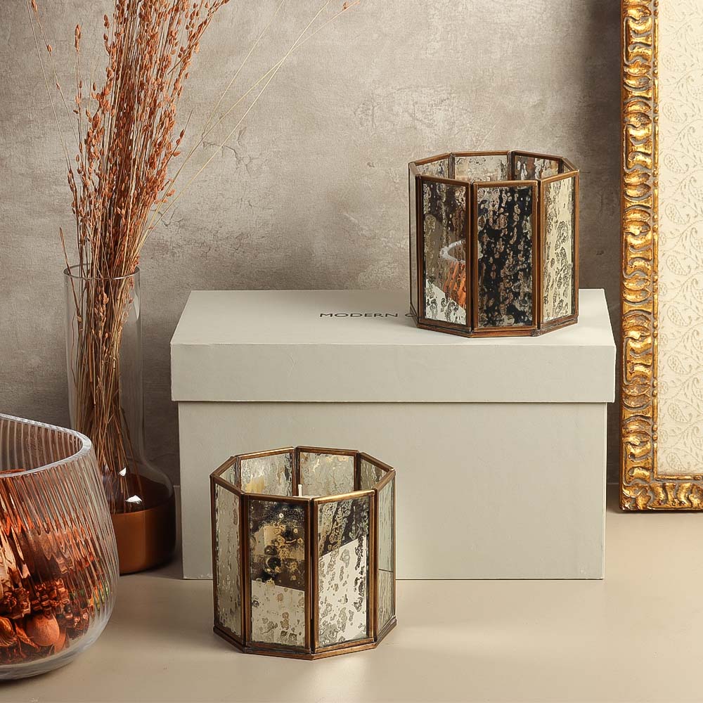 Annette 2-Piece Glass Hurricanes Gift Set - Tarnished Gold - Image 2