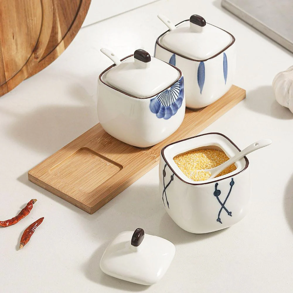 Aoki Condiment Jars with Wooden Tray - White Blue - Image 2