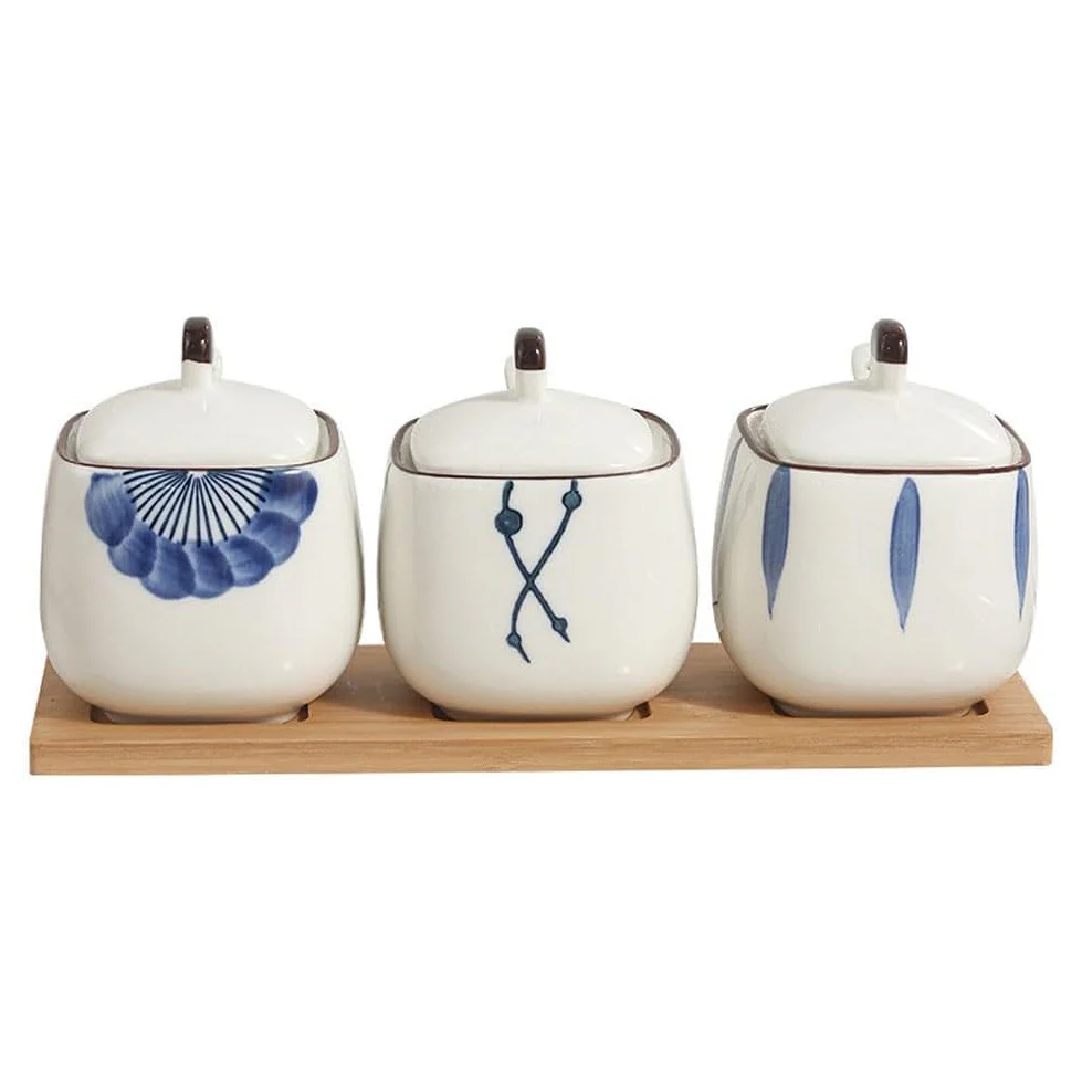 Aoki Condiment Jars with Wooden Tray - White Blue - Image 3