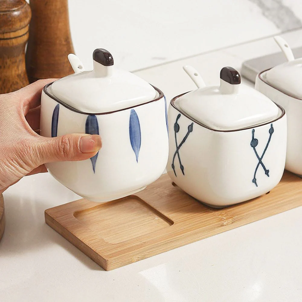 Aoki Condiment Jars with Wooden Tray - White Blue - Image 4