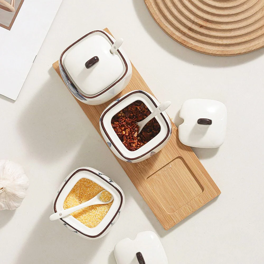 Aoki Condiment Jars with Wooden Tray - White Blue - Image 5