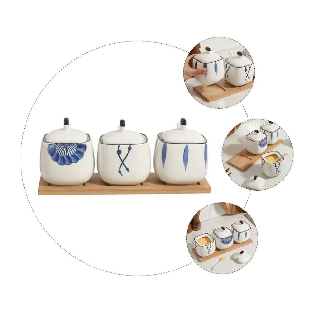 Aoki Condiment Jars with Wooden Tray - White Blue - Image 6