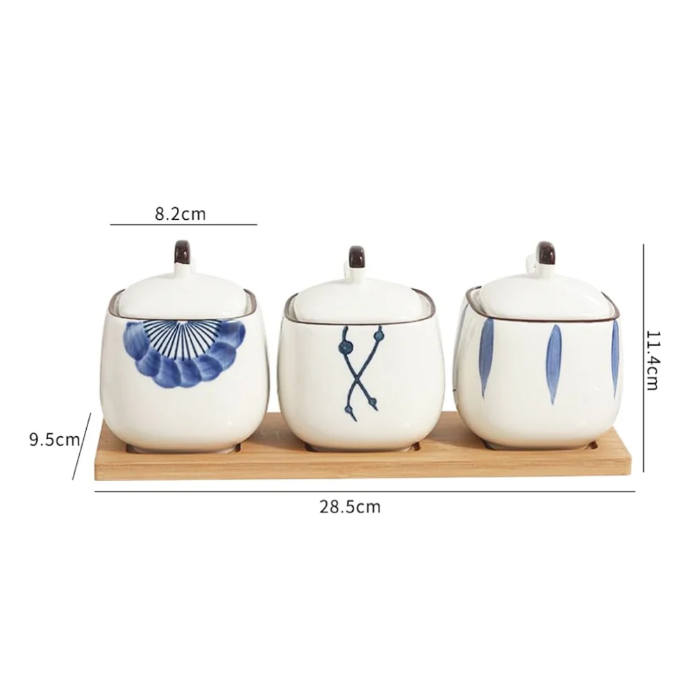 Aoki Condiment Jars with Wooden Tray - White Blue - Image 7