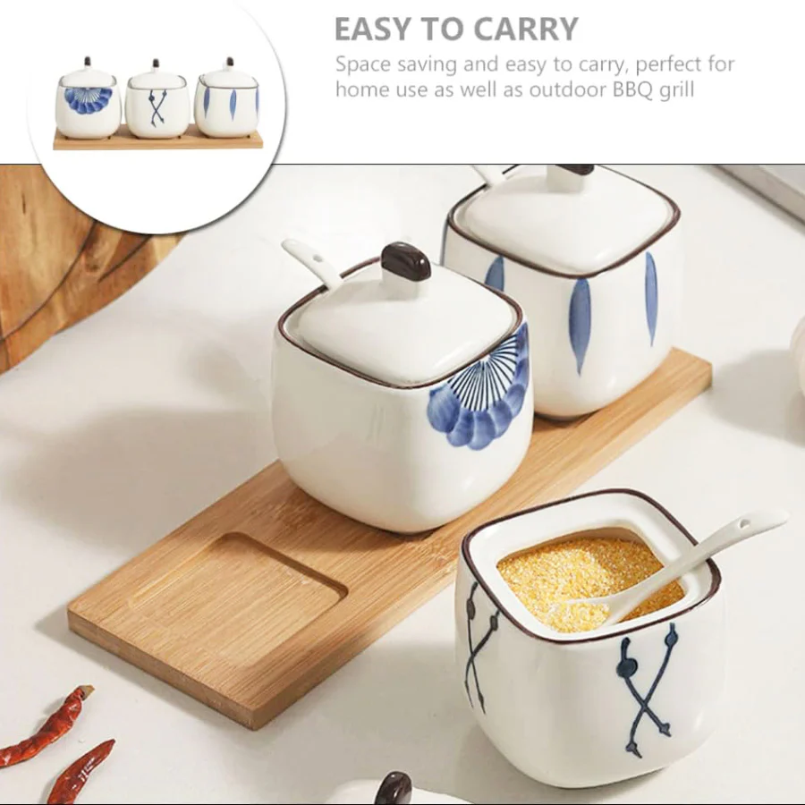 Aoki Condiment Jars with Wooden Tray - White Blue - Image 8