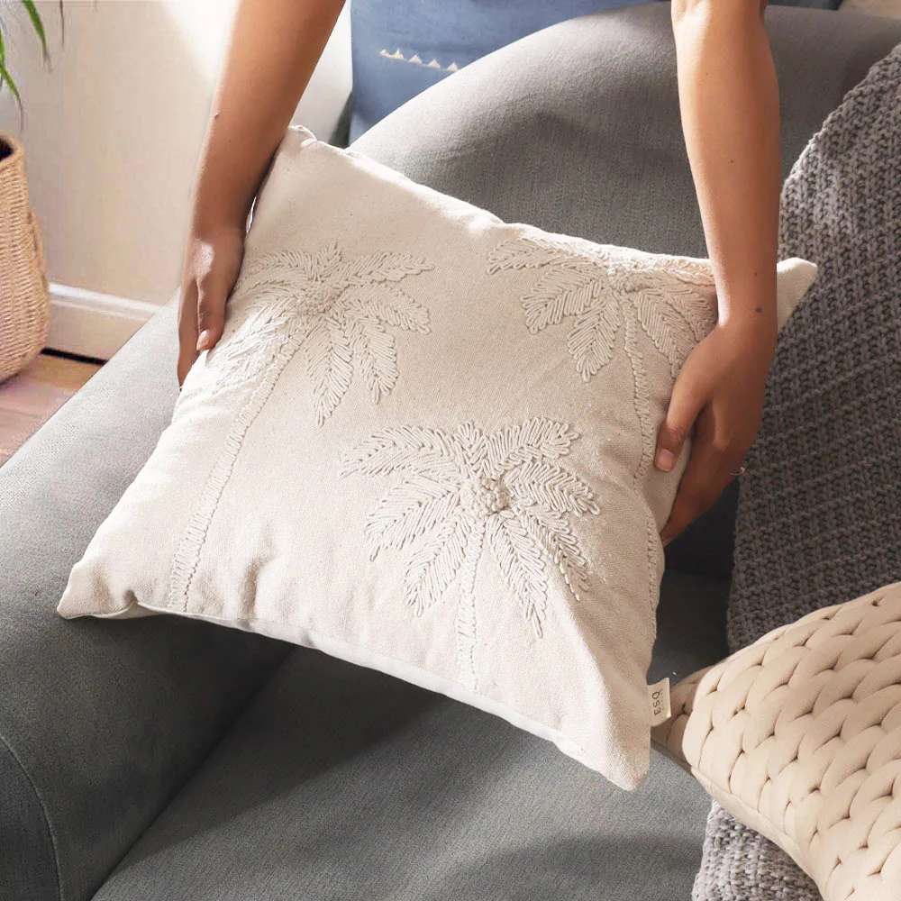 Areca Embroidered Cotton Cushion Cover 45x45cm - Beige