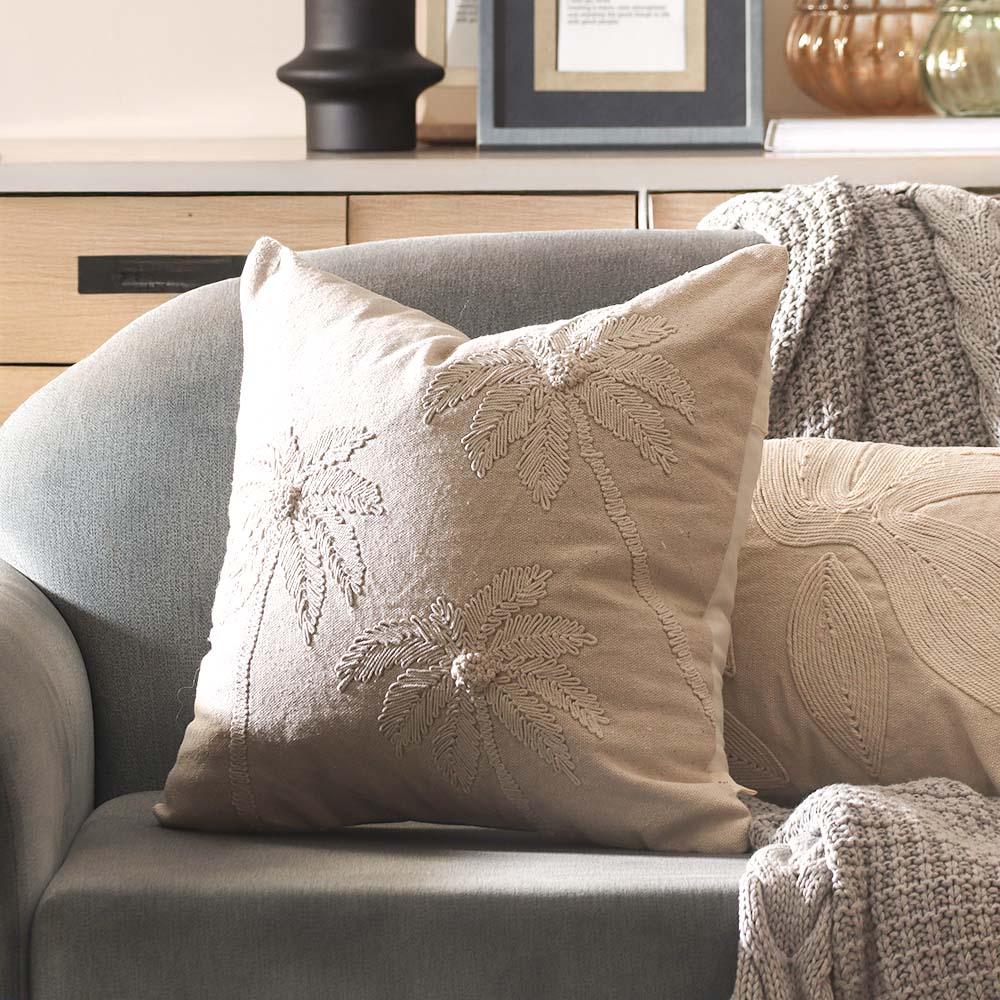 Areca Embroidered Cotton Cushion Cover 45x45cm - Beige - Image 2