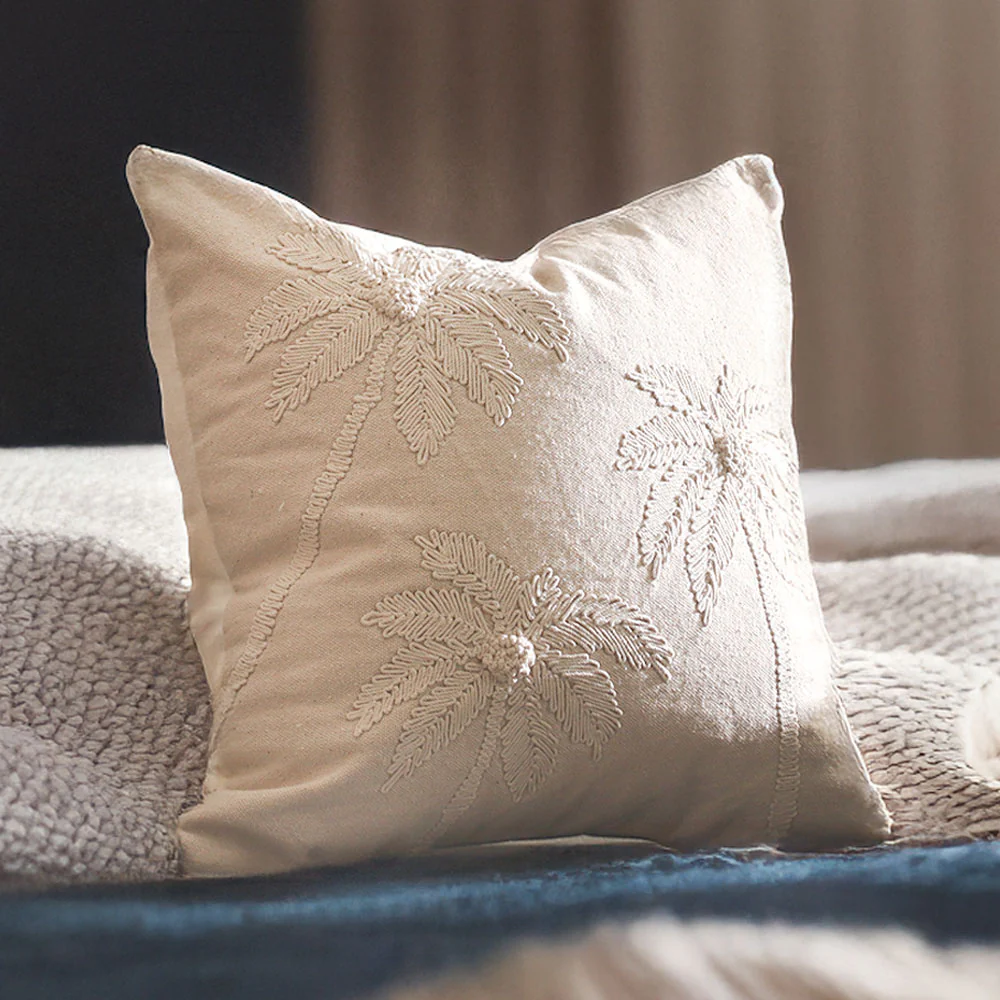 Areca Embroidered Cotton Cushion Cover 45x45cm - Beige - Image 3