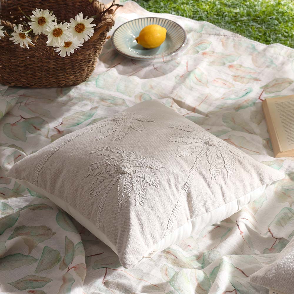 Areca Embroidered Cotton Cushion Cover 45x45cm - Beige - Image 4