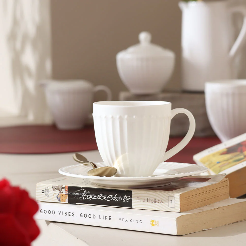 Aria Ceramic Cup and Saucer Set - White - Image 4