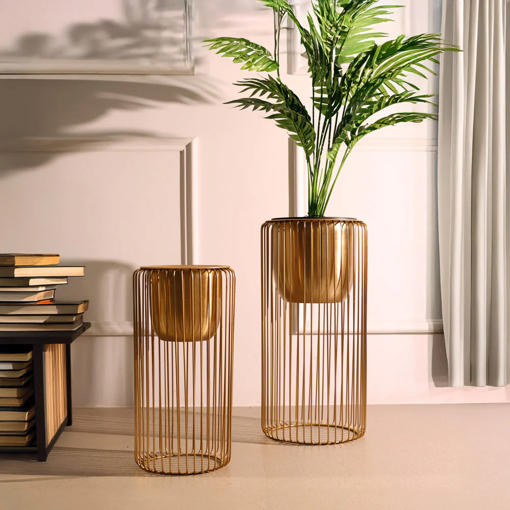 Astra Planters with Metal Stands, Set of 2 - Gold