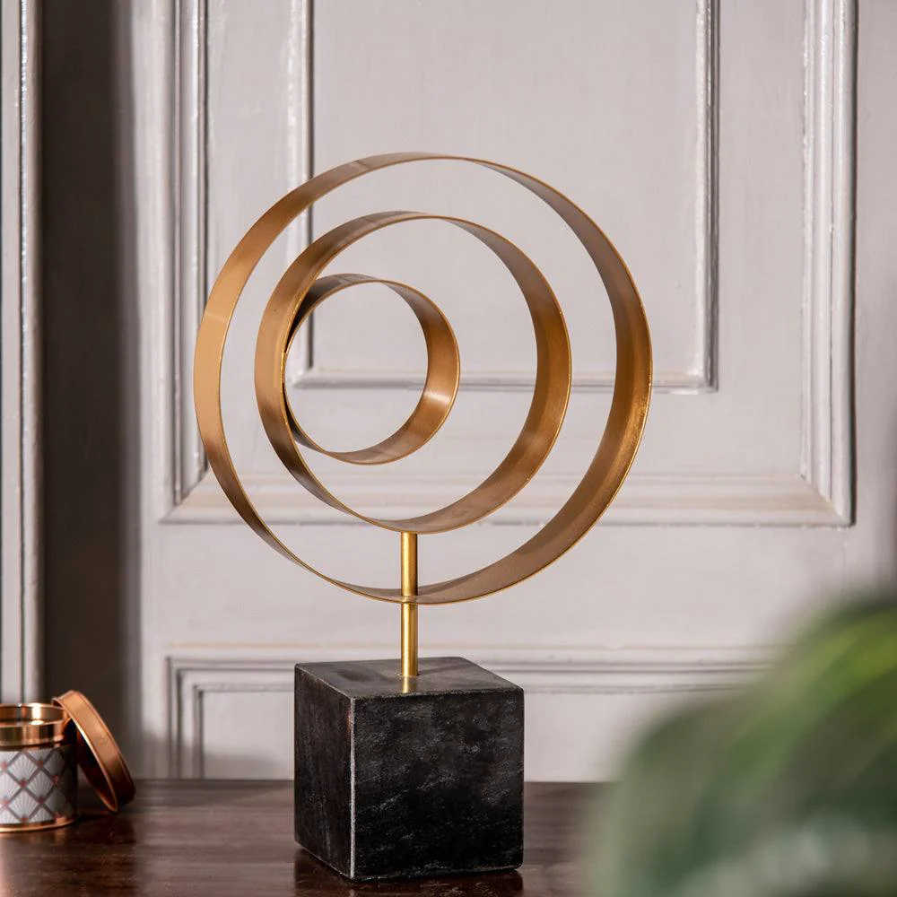 Swirl Metallic Sculpture with Marble Base - Black Gold - Image 2