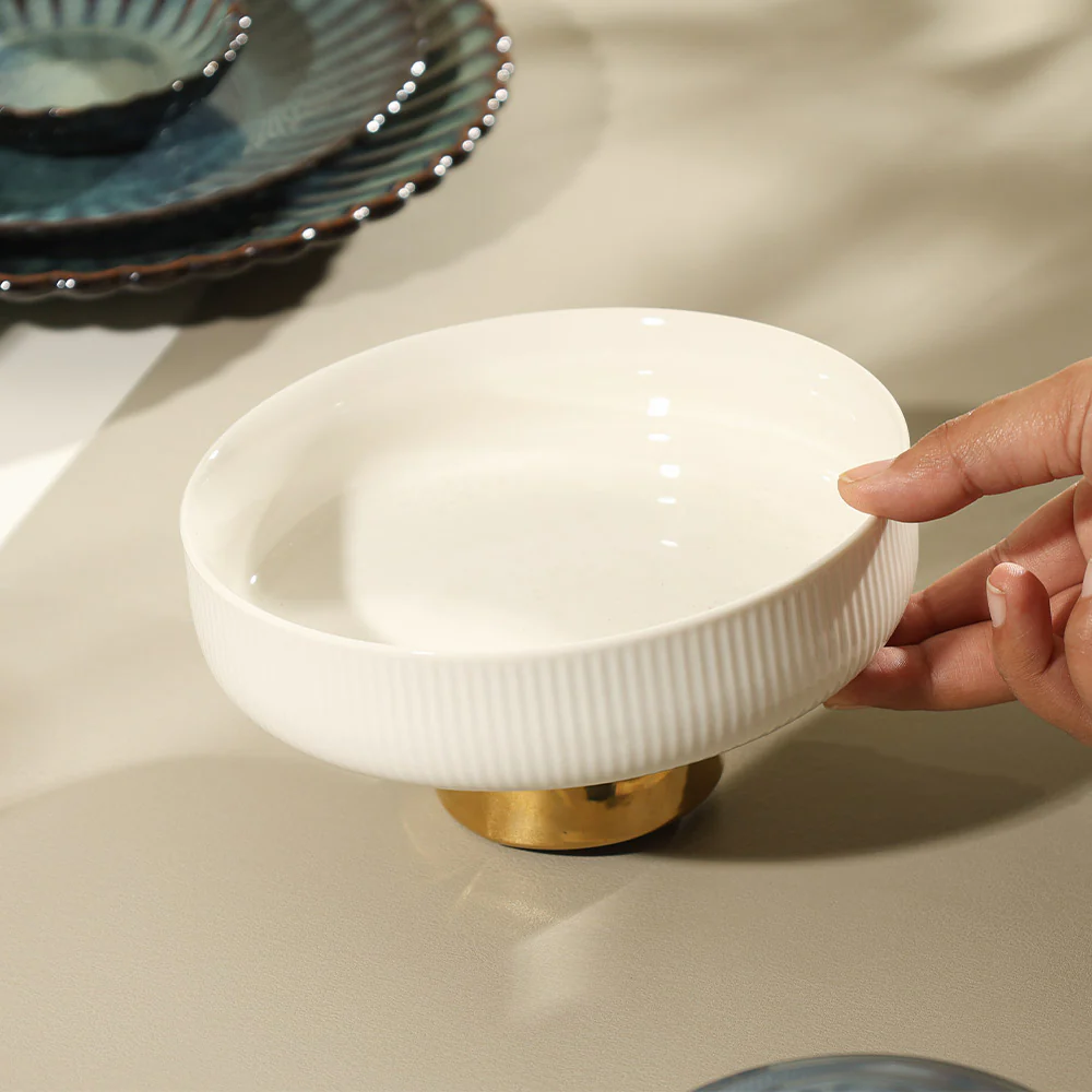 Aura Elevated Ceramic Bowl Small - Ivory Gold - Image 2