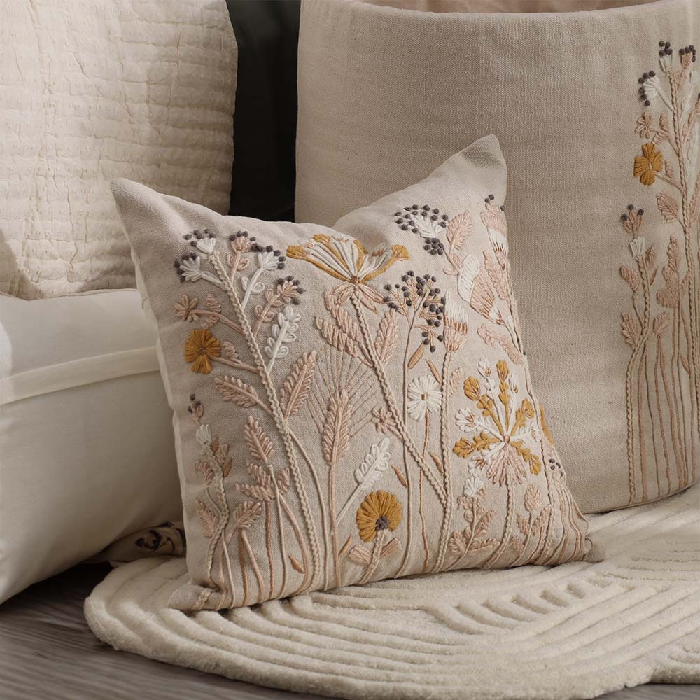 Autumn Flora Embroidered Cushion Cover 45x45cm - Mustard Beige - Image 2
