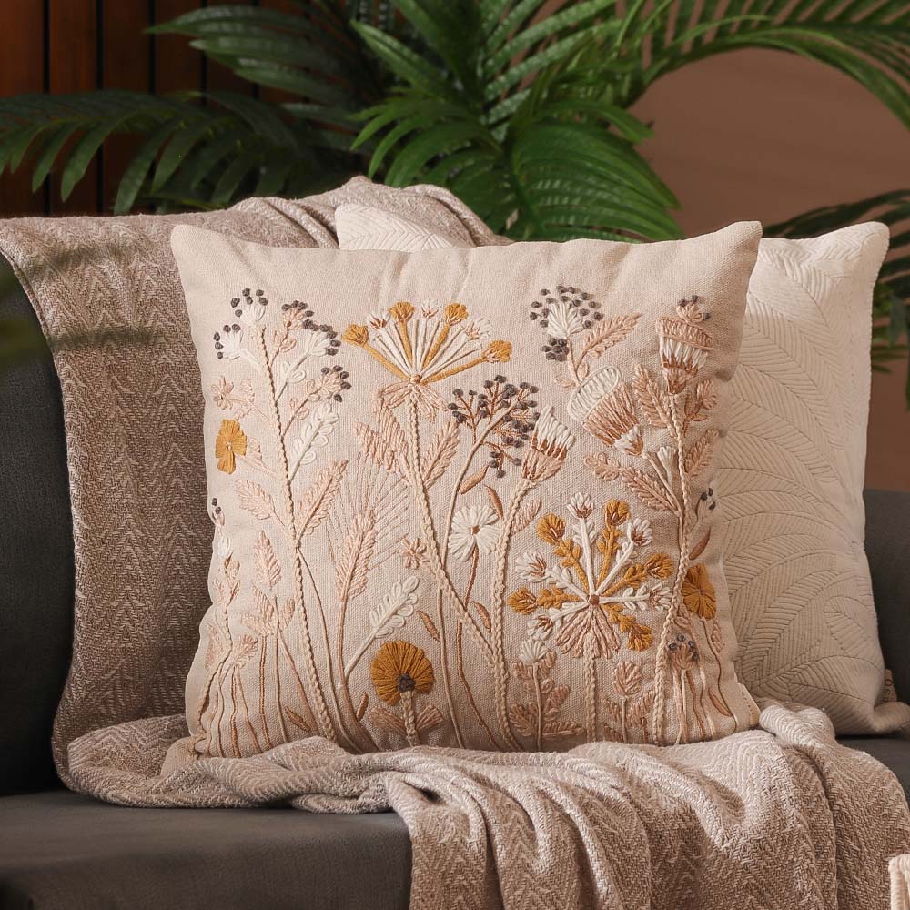 Autumn Flora Embroidered Cushion Cover 45x45cm - Mustard Beige - Image 3
