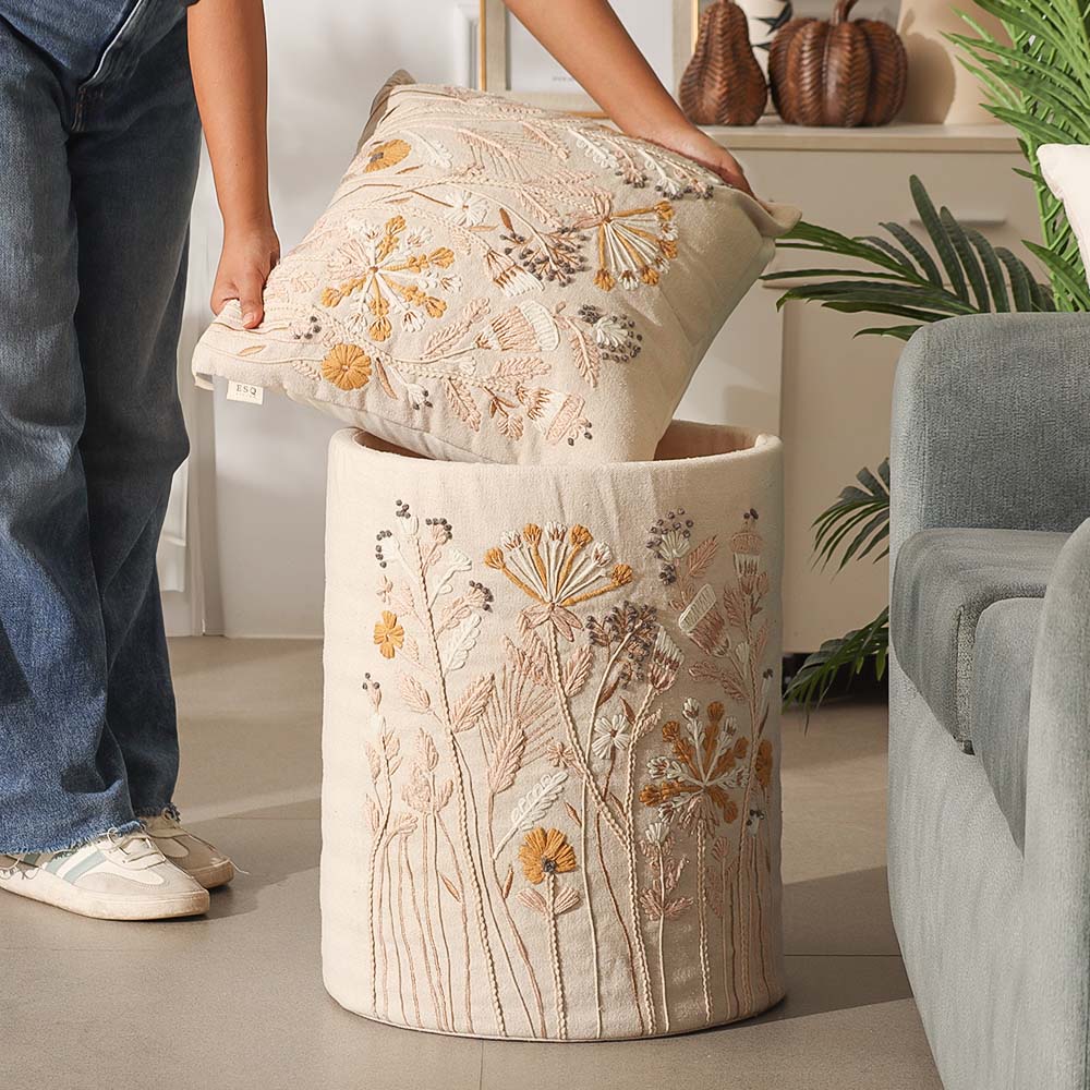 Autumn Flora Embroidered Cushion Cover 45x45cm - Mustard Beige - Image 5