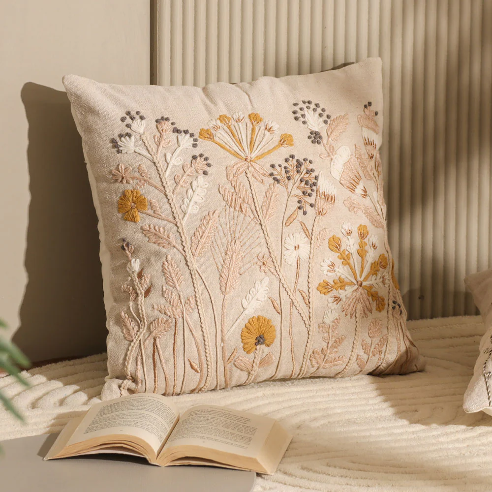 Autumn Flora Embroidered Cushion Cover 45x45cm - Mustard Beige - Image 6