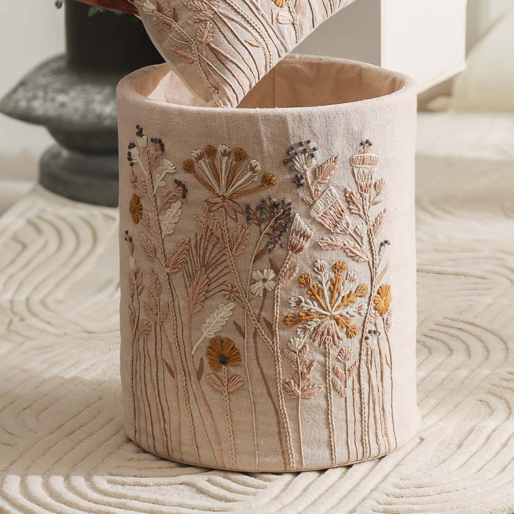 Autumn Flora Embroidered Storage Basket - Mustard Beige - Image 2