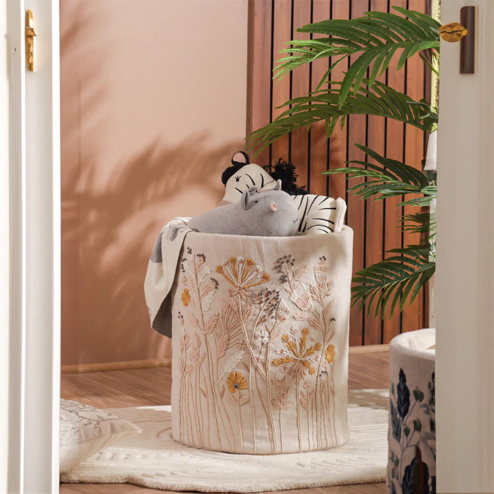 Autumn Flora Embroidered Storage Basket - Mustard Beige - Image 4
