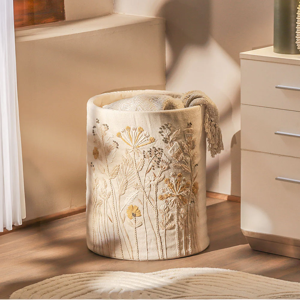Autumn Flora Embroidered Storage Basket - Mustard Beige - Image 5