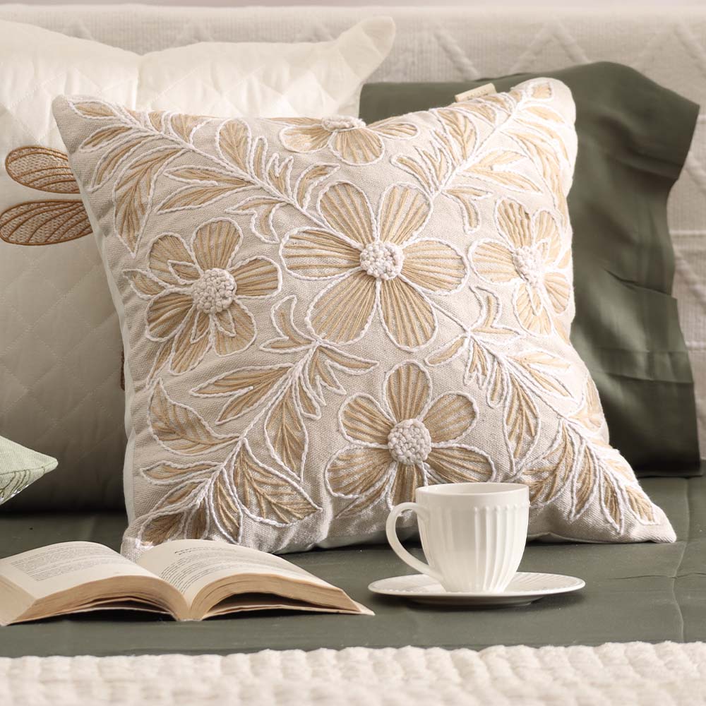 Azalea Embroidered Cushion Cover 45x45cm - Brown Beige - Image 3