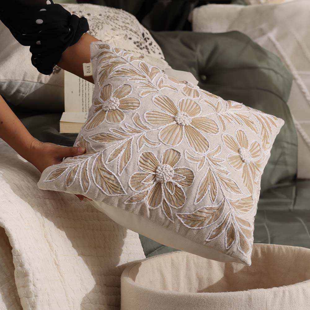 Azalea Embroidered Cushion Cover 45x45cm - Brown Beige - Image 4