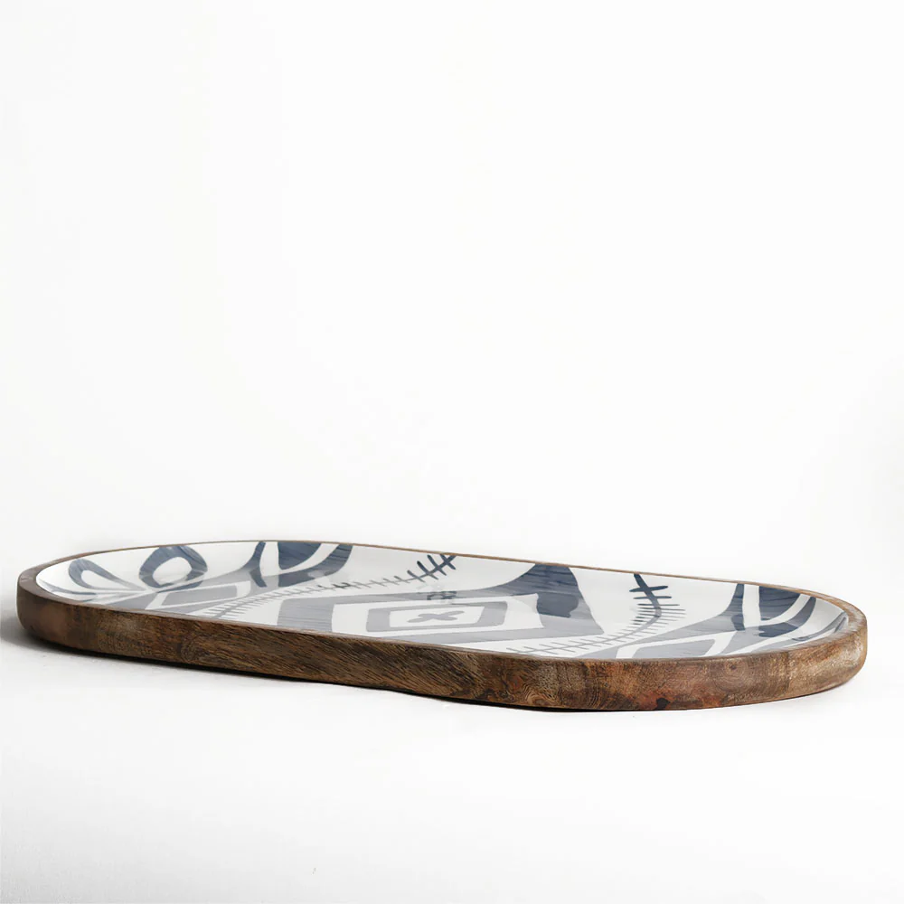 Aztec Wooden Serving Tray Large - Blue White - Image 3