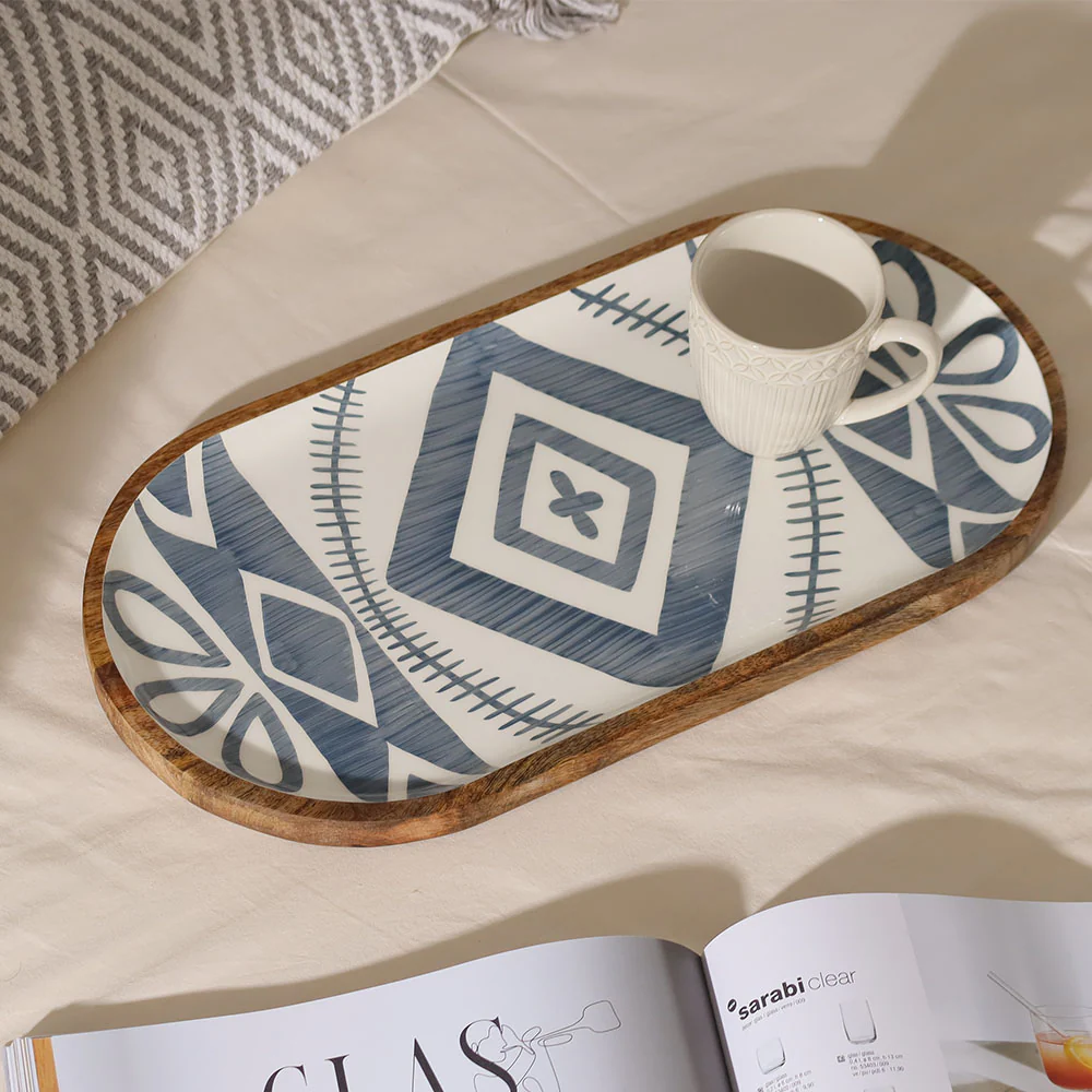 Aztec Wooden Serving Tray Large - Blue White - Image 5