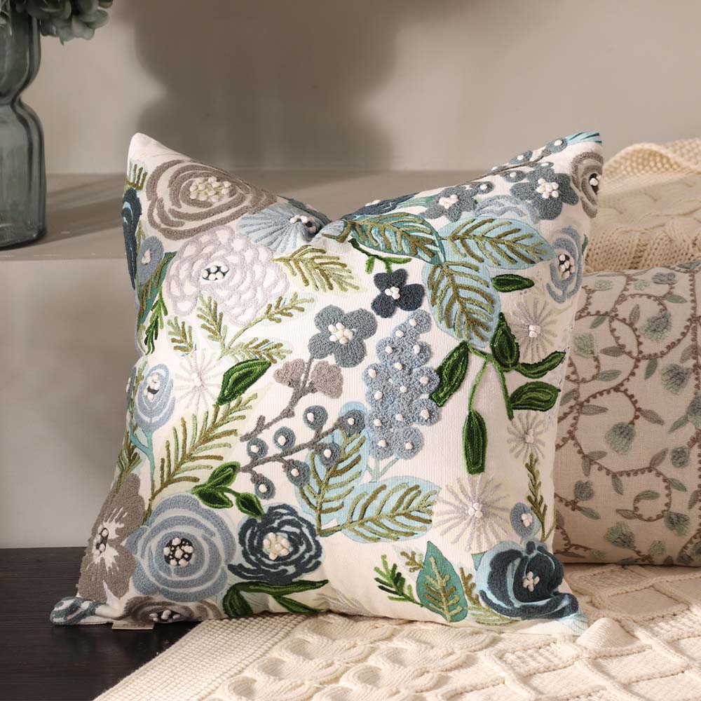 Bouquet Printed & Embroidered Cotton Cushion Cover 45x45cm - Blue White - Image 2