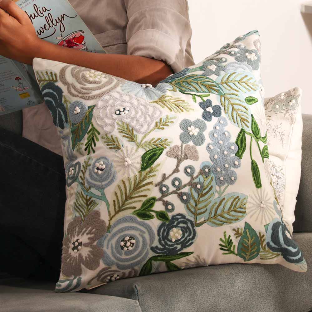 Bouquet Printed & Embroidered Cotton Cushion Cover 45x45cm - Blue White - Image 3