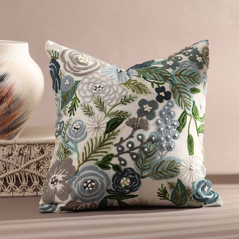 Bouquet Printed & Embroidered Cotton Cushion Cover 45x45cm - Blue White - Image 4