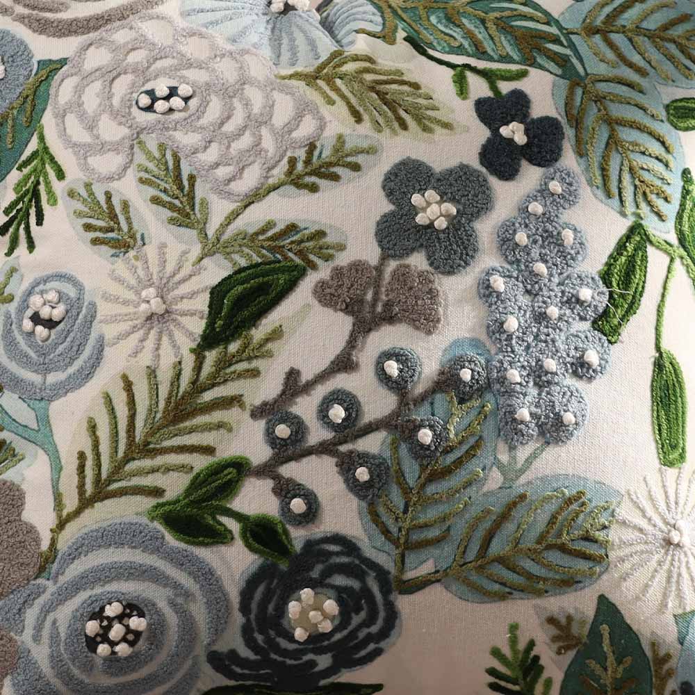 Bouquet Printed & Embroidered Cotton Cushion Cover 45x45cm - Blue White - Image 5
