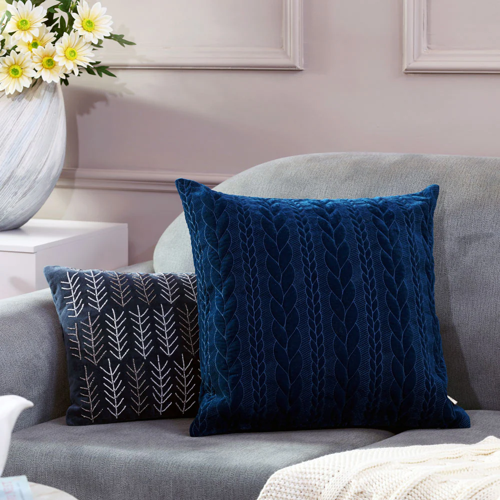 Braide Quilted Velvet Cushion Cover 45x45cm - Navy Blue - Image 3