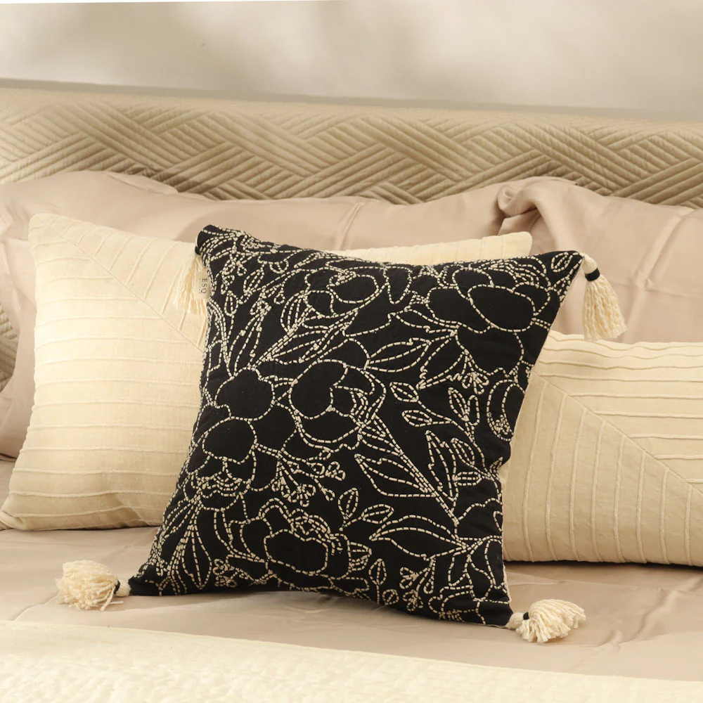 Briar Embroidered Cotton Cushion Cover 45x45cm - Black Ivory
