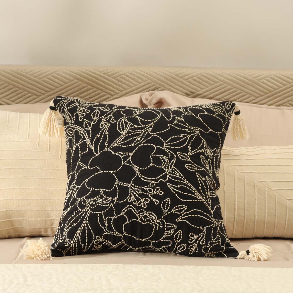 Briar Embroidered Cotton Cushion Cover 45x45cm - Black Ivory - Image 4