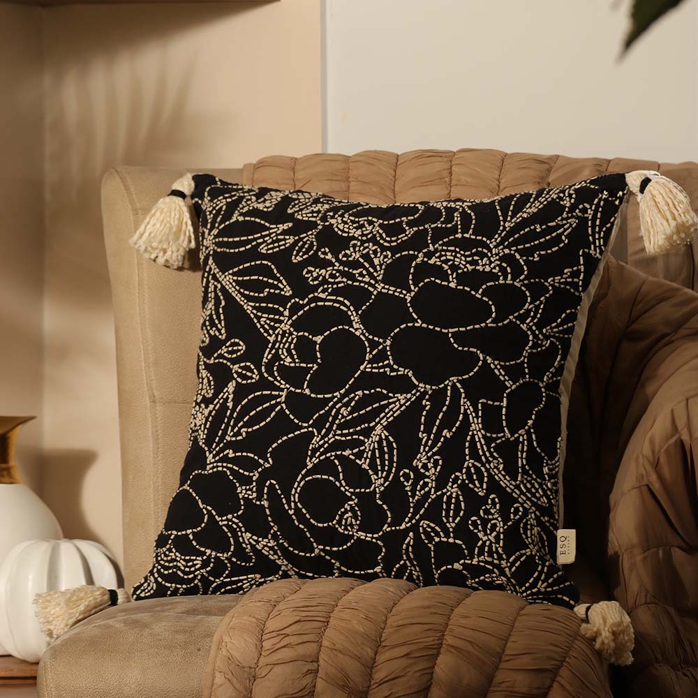 Briar Embroidered Cotton Cushion Cover 45x45cm - Black Ivory - Image 5