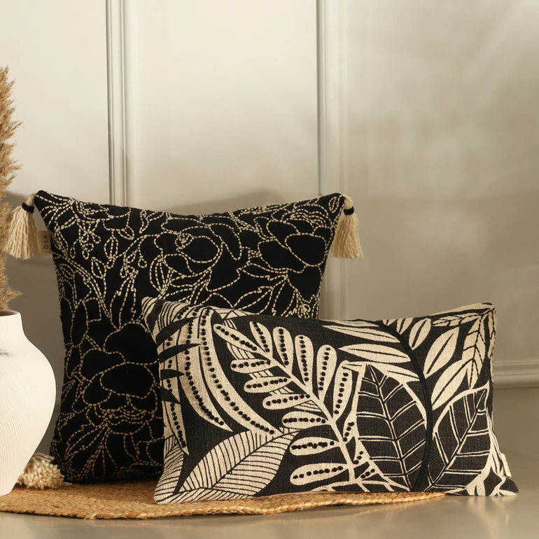 Briar Embroidered Cotton Cushion Cover 45x45cm - Black Ivory - Image 6