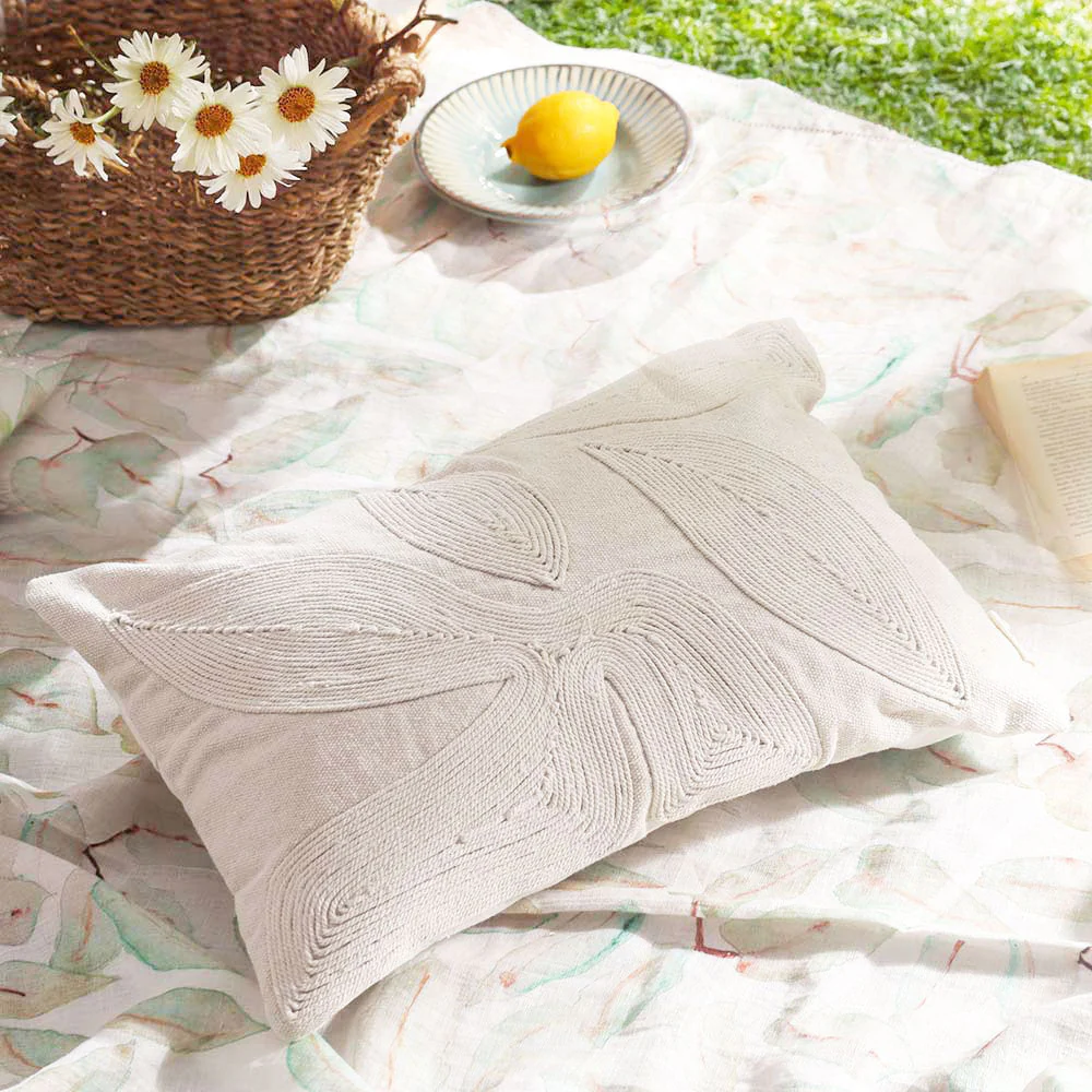 Calathea Embroidered Rectangular Cotton Cushion Cover 30x50cm - Cream