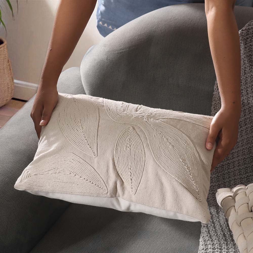 Calathea Embroidered Rectangular Cotton Cushion Cover 30x50cm - Cream - Image 3