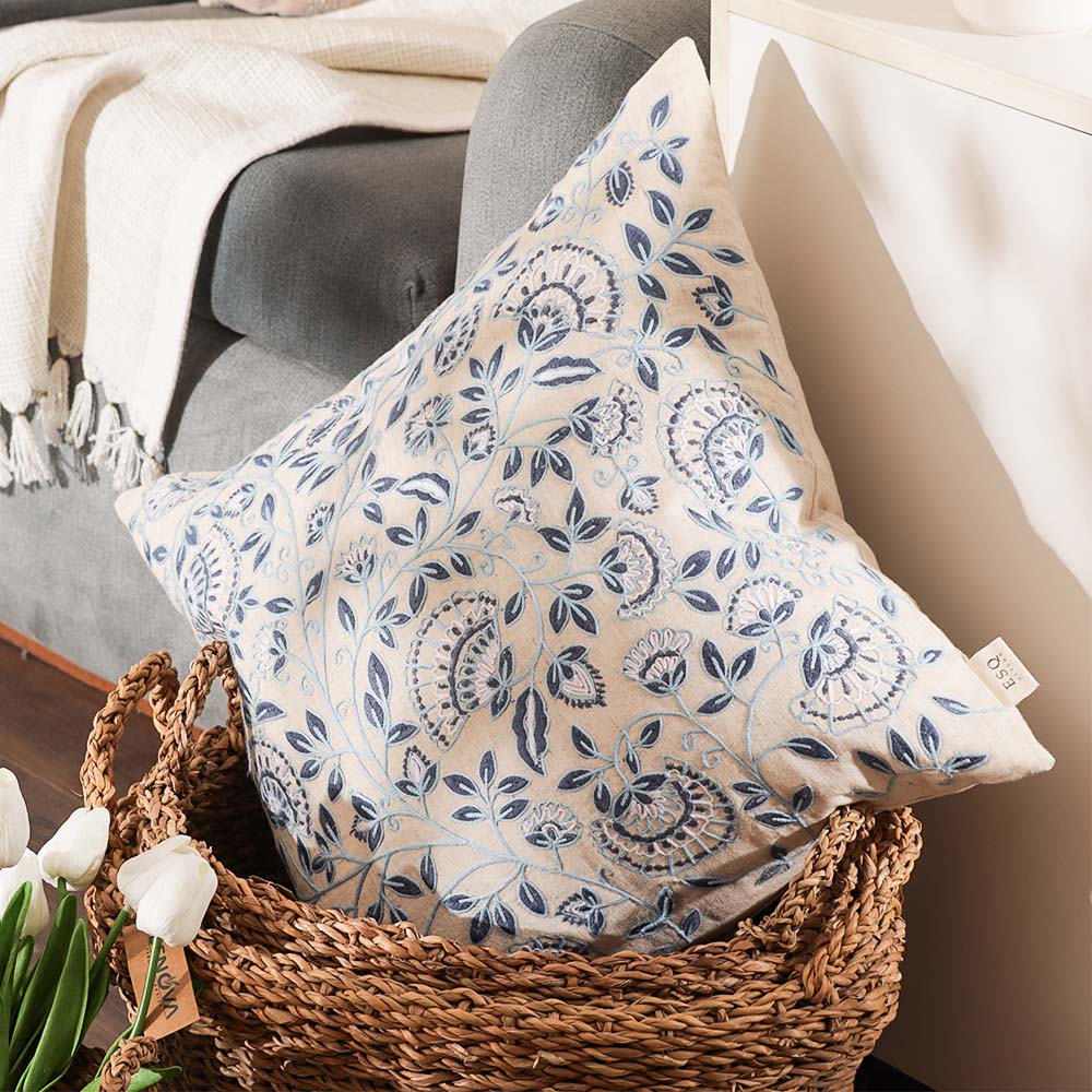 Calico Embroidered Cushion Cover 45x45cm - Blue Grey - Image 2