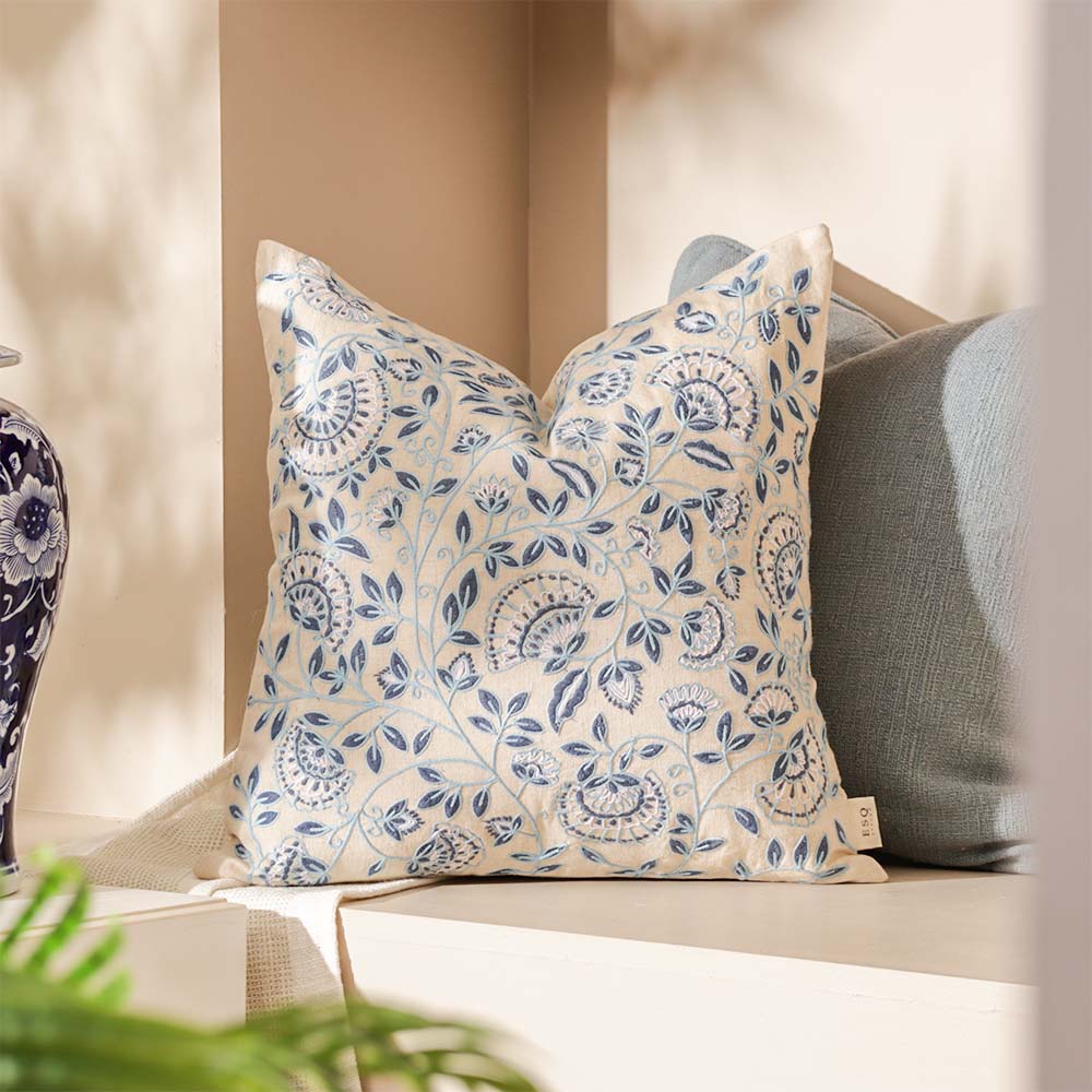 Calico Embroidered Cushion Cover 45x45cm - Blue Grey - Image 3