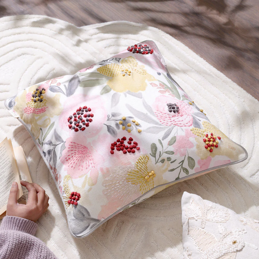 Peonies Reversible Embroidered Cushion Cover 45x45cm - Multicolor - Image 2
