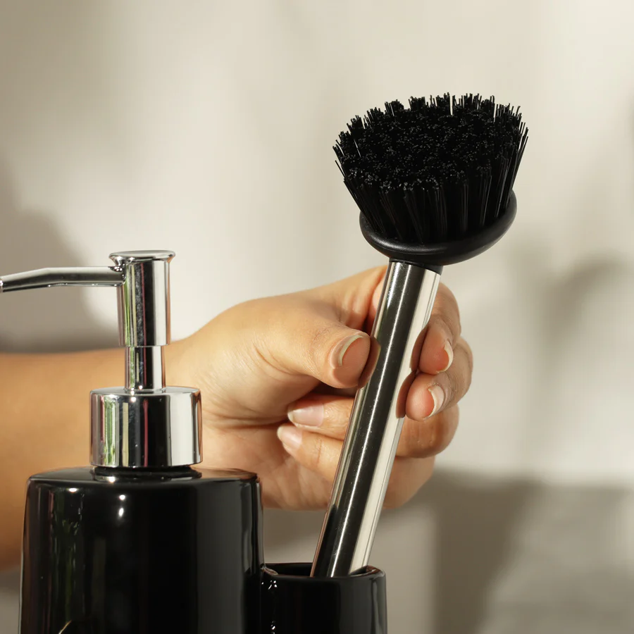 Ceramic Sink Organiser with Scrub Brush - Black - Image 3