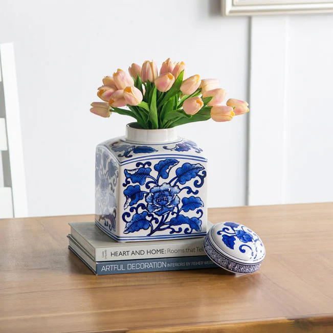 Chantilly Tea Jar With Lid Square - Blue Flowers